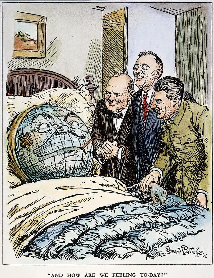 Сталин, Рузвельт, Черчилль. Карикатура Big Three, 1945 by Granger History cartoon. Надпись: And How are We Feeling Today? («И как мы себя чувствуем сегодня?»)