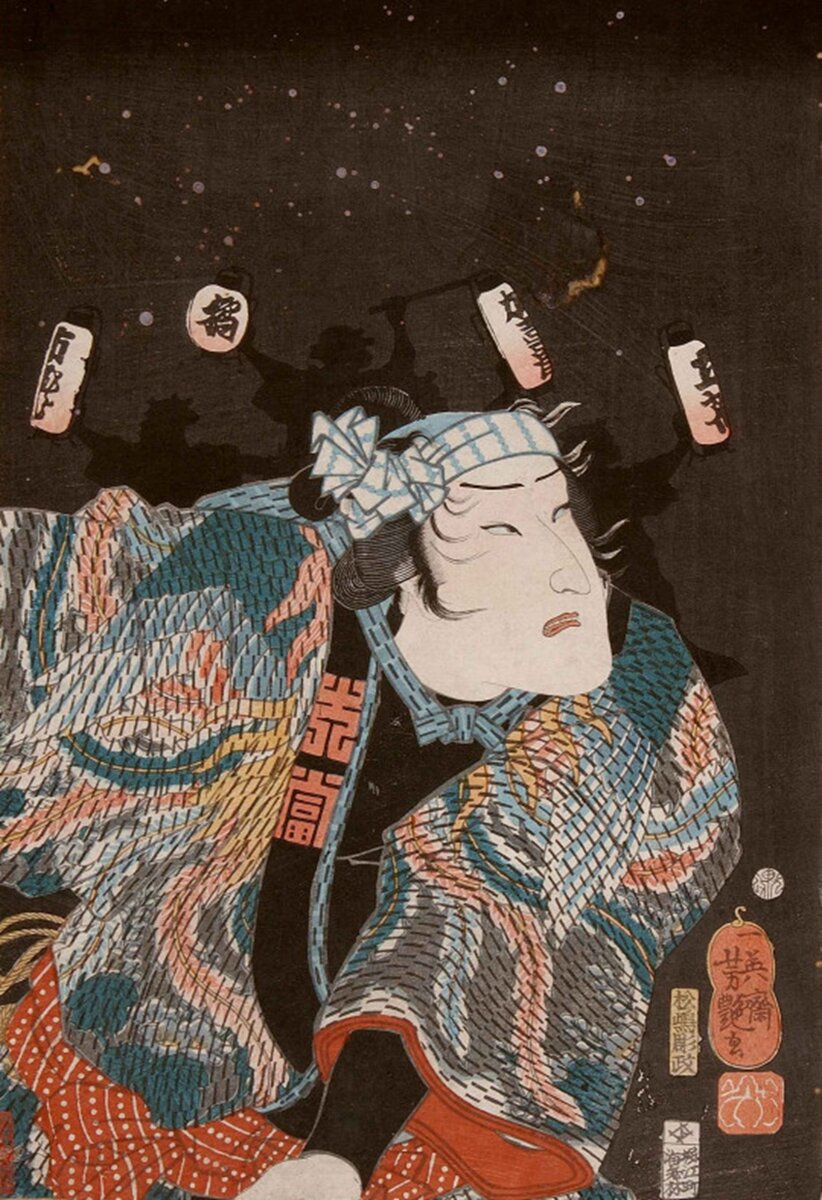 Итимура Какицу IV в роли пожарного, из серии «Цветы Эдо, Оживление в ночи», Утагава Ёсицуя, 1860
