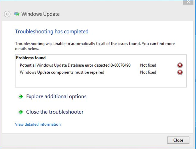 Ошибка Potential Windows Update Database Error Detecte