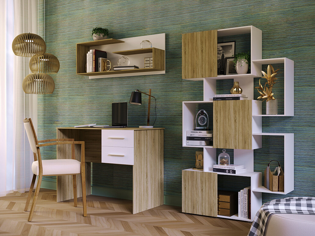 «Алекс» — недорогой и вместительный гарнитур для старшеклассника. В комплекте — письменный стол с ящиками, навесная полка и необычный стеллаж. Ребенок может расставить здесь не только школьные принадлежности, но и фигурки любимых персонажей, и предметы для хобби
Добавьте описание
