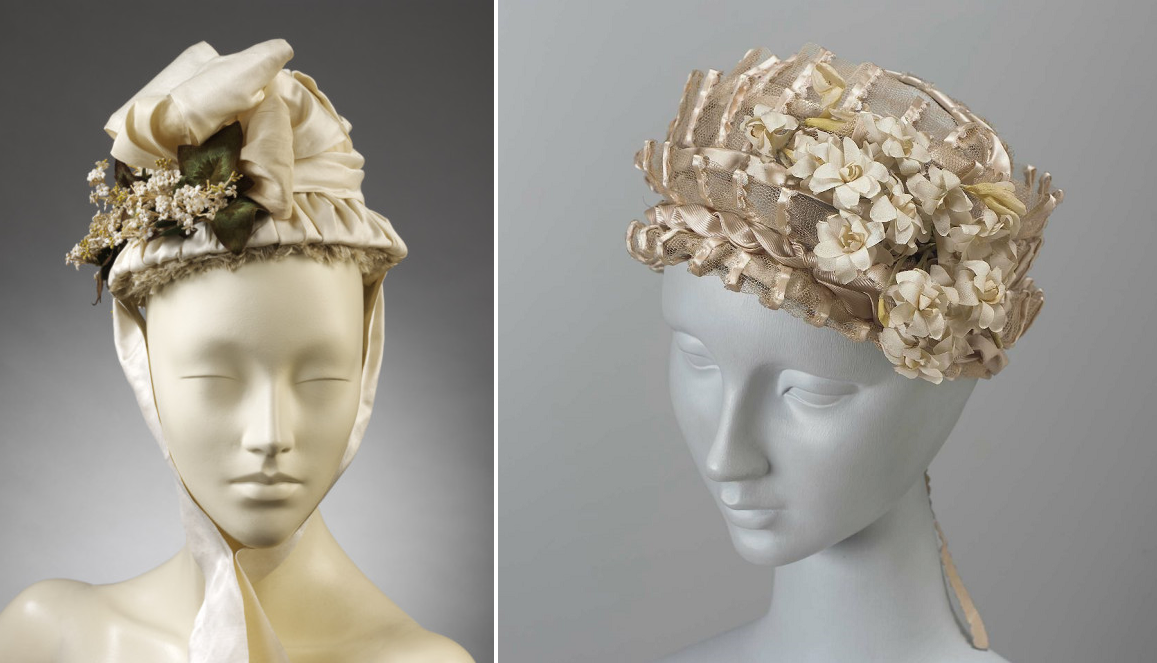 Слева - свадебная шляпка, 1870-75, из коллекции Музея Виктории и Альберта. Справа - шляпка-ток, нач. 1800-х, из коллекции Художественного музея Бостона.