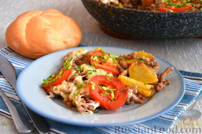 картофель, фарш мясной, помидоры, лук репчатый, сыр твёрдый, лук зелёный, чеснок, масло растительное, паприка молотая, соль, орегано