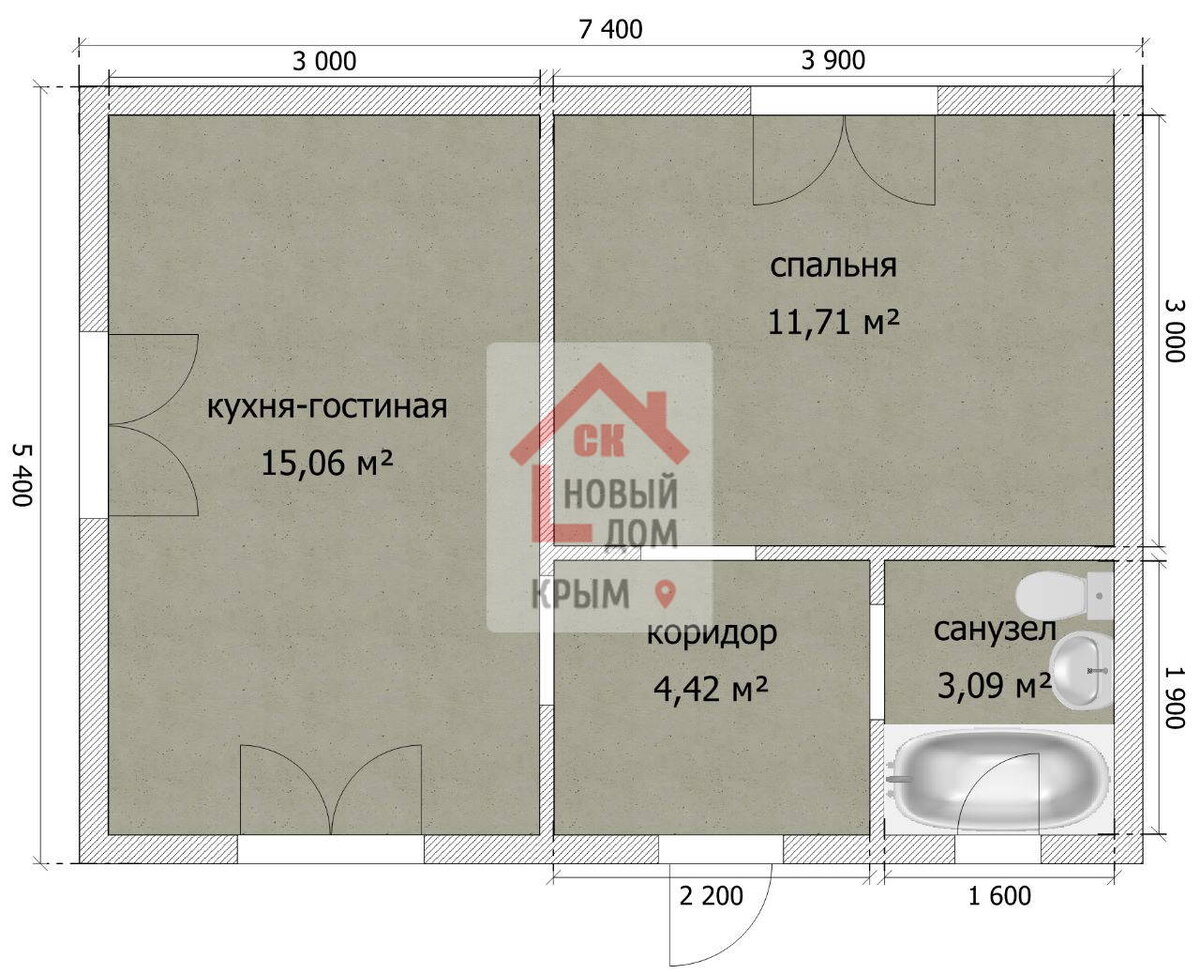 планировка дома 7 на 9 с двумя спальнями