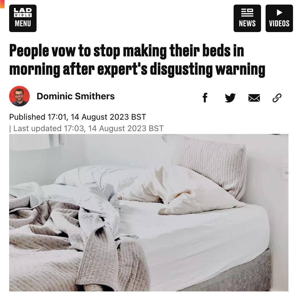 Они пояснили, что за ночь белье впитывает огромное количество пота и отмершей кожи, которые являются магнитом для клопов и пылевых клещей. По их словам, заправлять постель лучше через час после пробуждения, чтоб она успела «проветриться».Ты не ленивый, просто даешь кровати проветриться. 