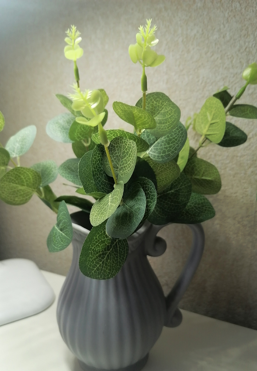 Кувшин продаётся отдельно, веточки эвкалипта были куплены на сайте Алиэкспресс. 