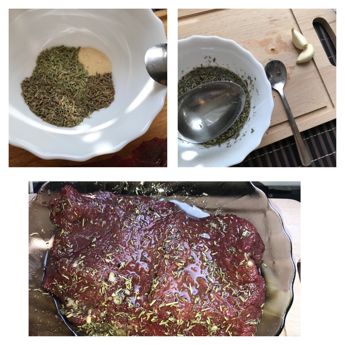 Тут без базилика, он нужен будет попозже. Тимьян, розмарин, зира, чеснок гранулированный, масло. У меня тут оливково-подсолнечное. Почему бы и нет.