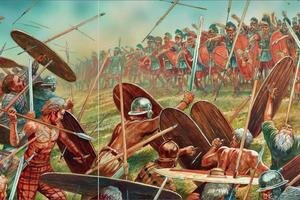  Легионеры Гая Юлия Цезаря метают пилумы в воинов - гельветов. Рисунок П. Денниса 