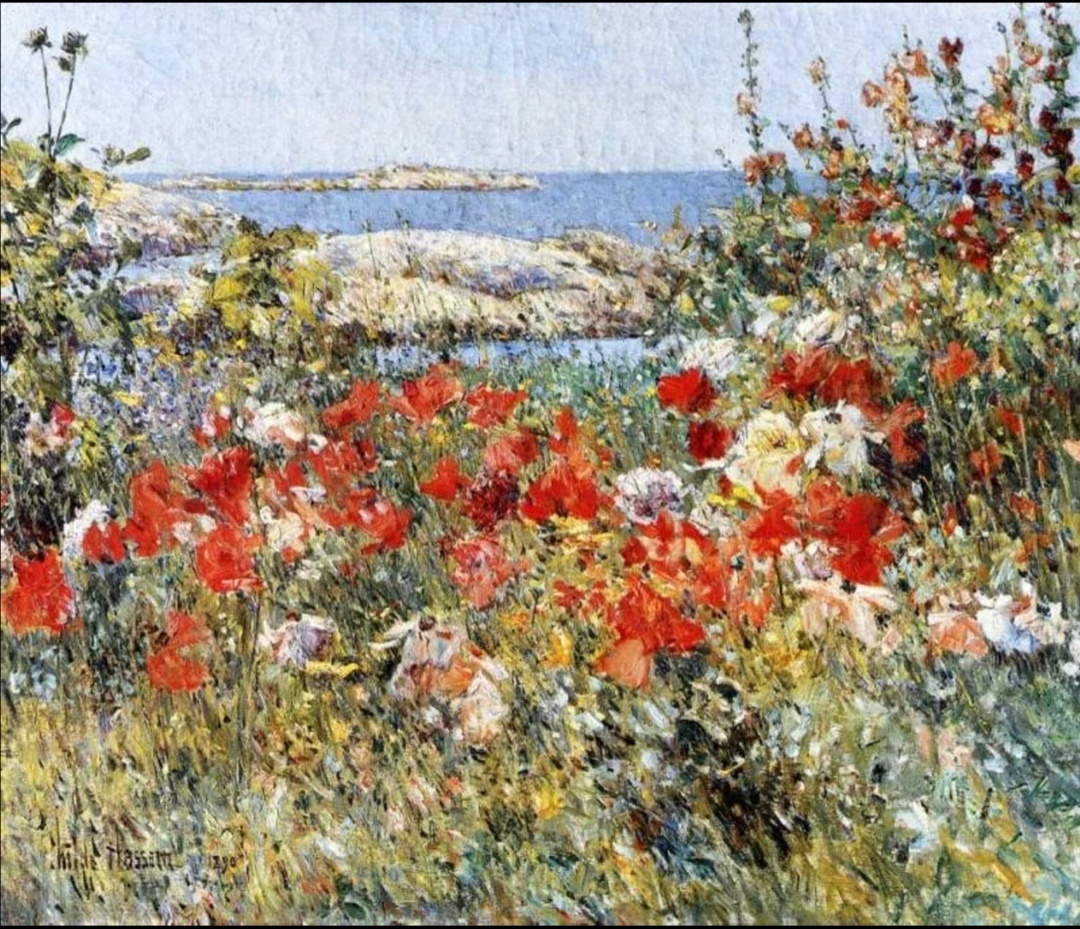 Изображение Чайлд Фредерик Хассам "Celia Thaxter's Garden, Appledore, Isles of Shoals" 1890.

