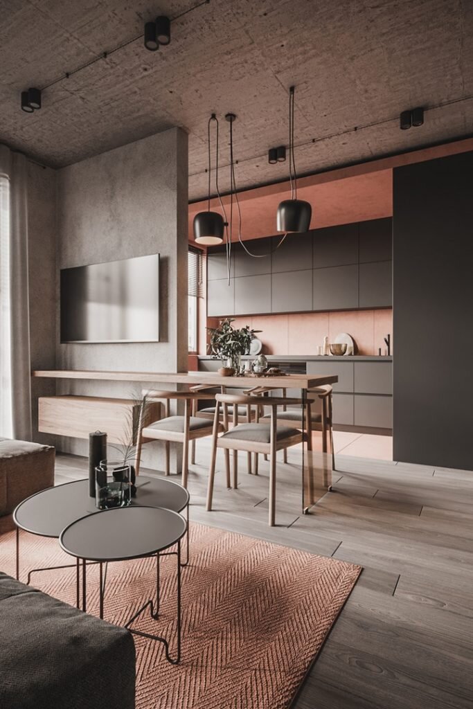 На фото: яркий лофт из статьи https://architectguide.ru/beton-i-terracota-yarkii-loft-v-kvartire-s-otkritoi-planirovkoi-50-m/