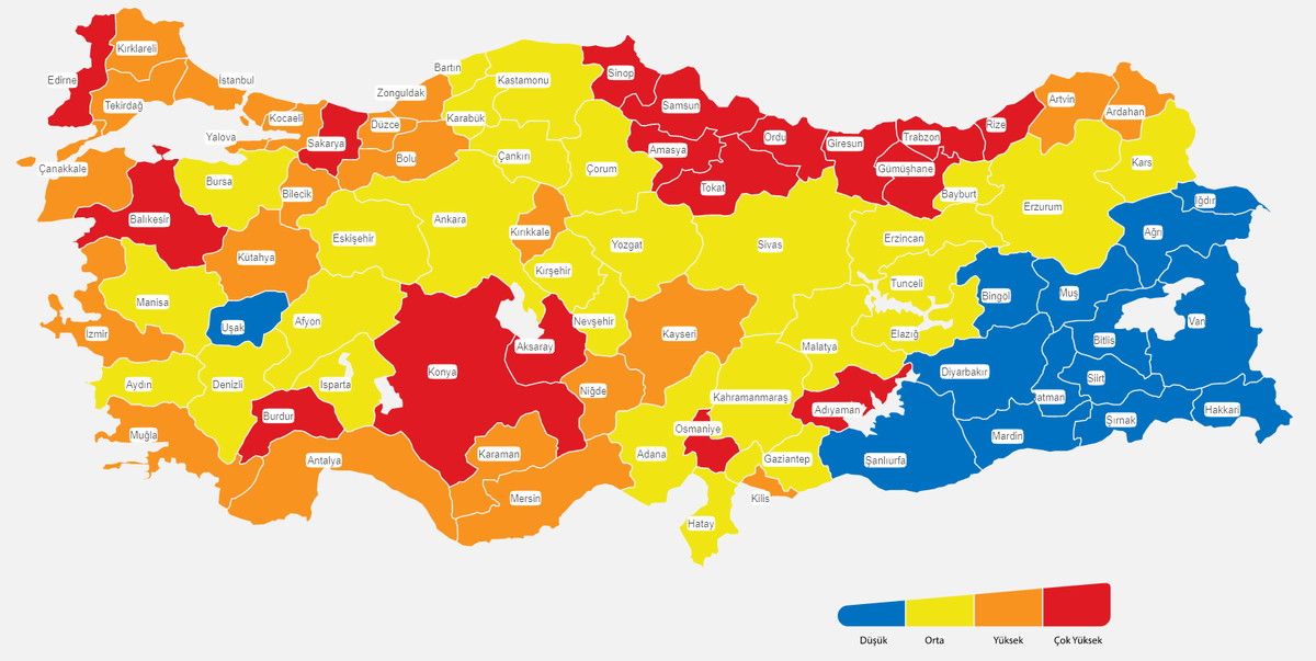 Распределение провинций Турции по зонам риска. https://covid19.saglik.gov.tr/