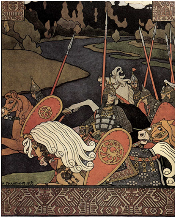 Картина “Вольга с дружиной”. Художник И.Я.Билибин.