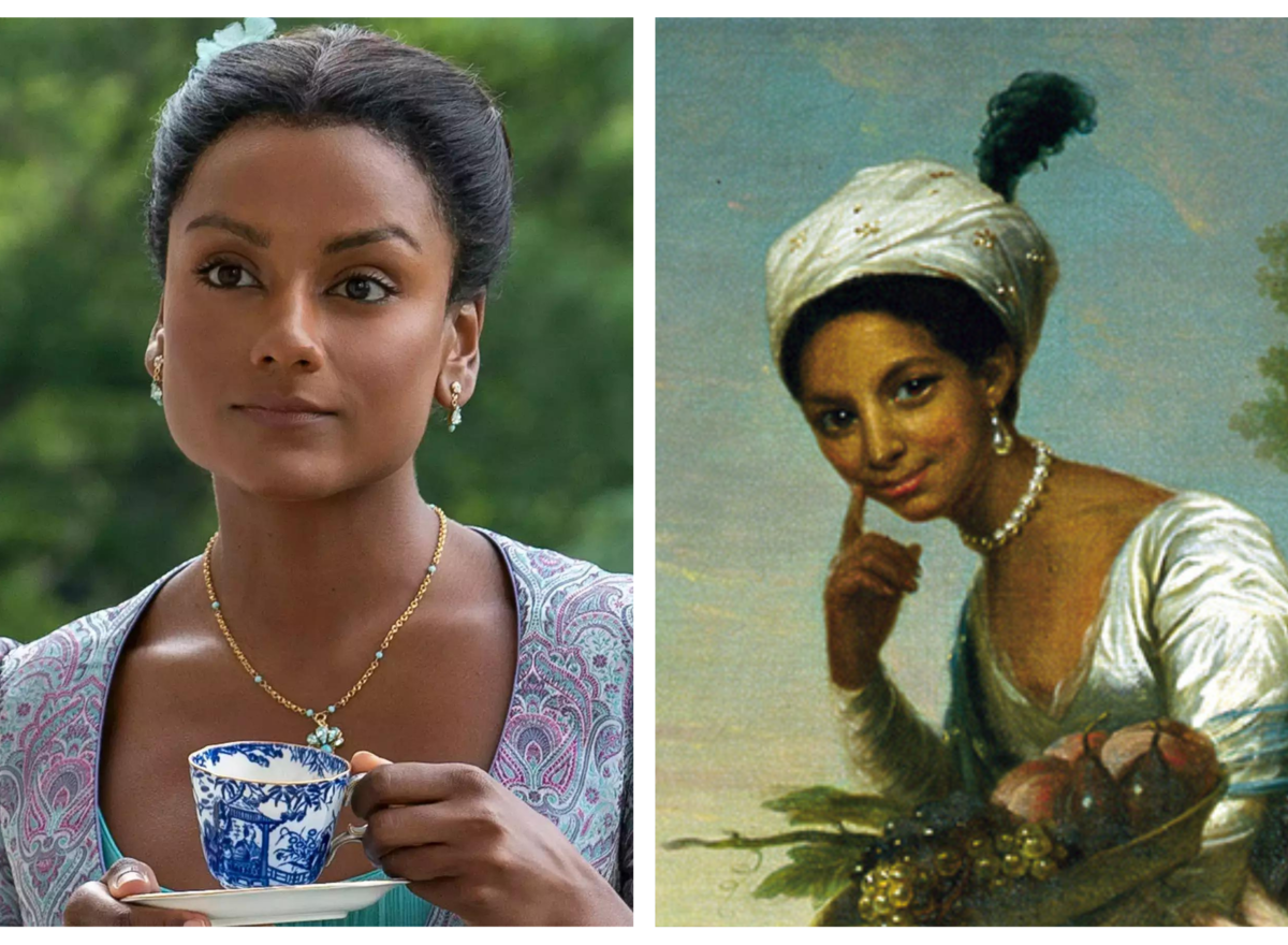 Кейт Шарма ("Бриджертоны") © Netflix . Слева - Дэвид Мартин. Портрет Дидоны Элизабет Белл Линдсей и леди Элизабет Мюррей (фрагмент), ок. 1778. Дворец Скон, Пертшир, Шотландия.
