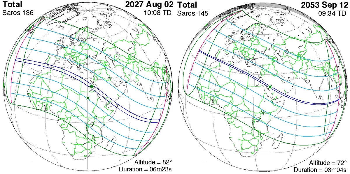  Полосы видимости полных фаз солнечных затмений в августе 2027 года и в сентябре 2053, автор Фред Эспенак NASA eclipse