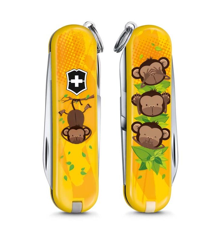 Лицевая и оборотная стороны ножа Victorinox Classic «3 Wise Monkeys»