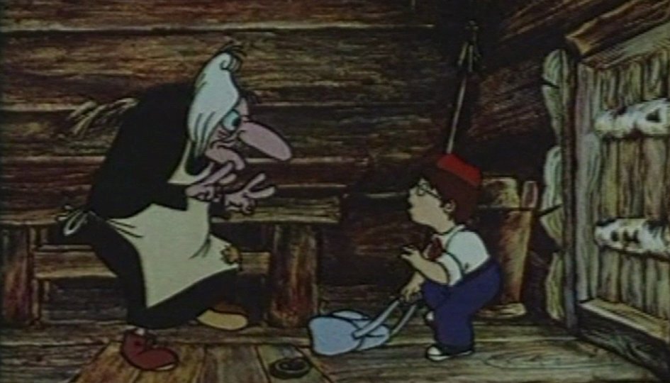 Баба яга была не прочь покормиться детьми. Кадр из советского мультфильма "Ивашка из дворца пионеров"