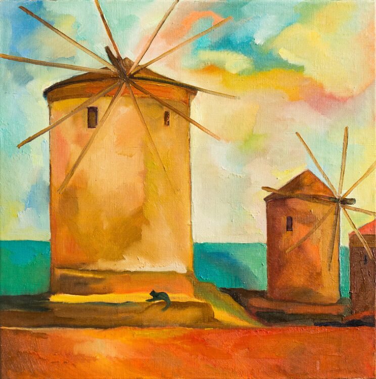 Морские мельницы (о. Родос),65х70,холст ,масло, 2017, Богатов Антон.