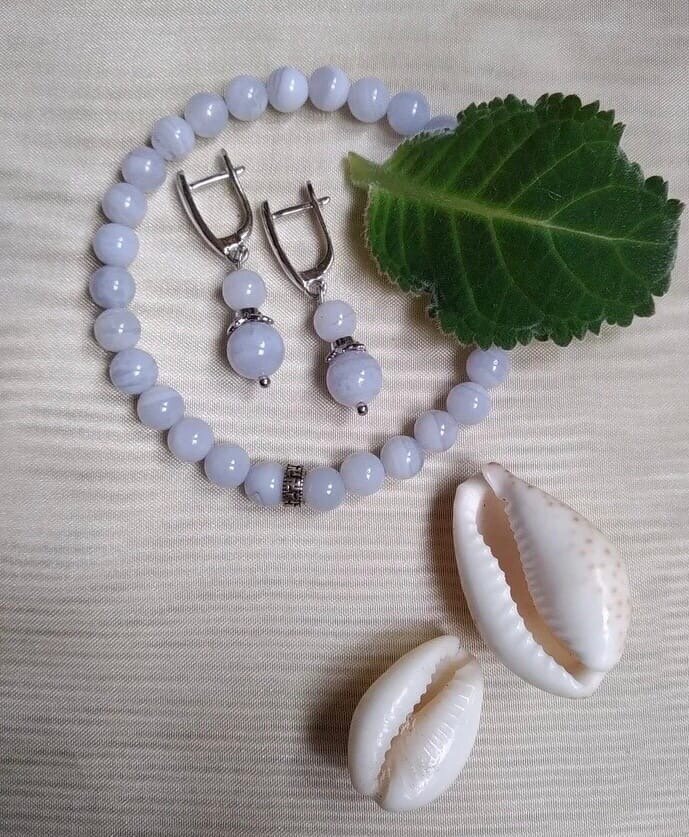 Браслет и серьги из голубого агата и серебра