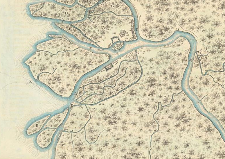 Карта 1705 года, на которой мы видим Петропавловскую крепость и Адмиралтейство, а также небольшие населенные местности в районе современных Дворцовой и Петровской набережных