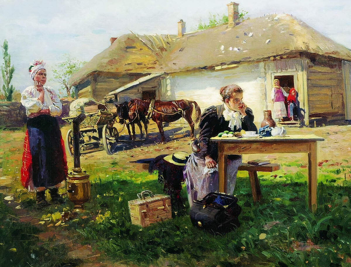 Владимир Маковский «Приезд учительницы в деревню», фрагмент