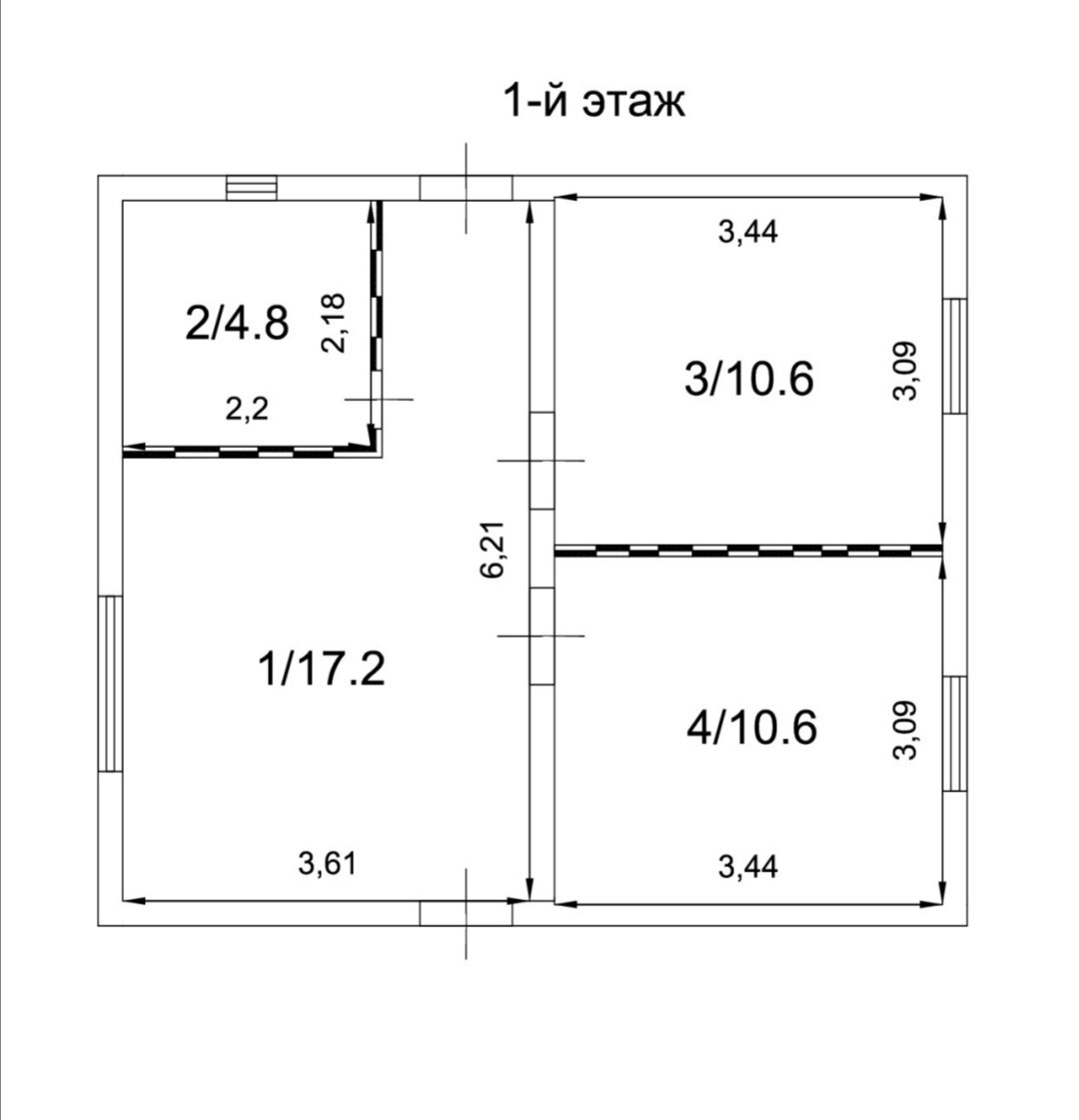 План дома. Две спальни, кухня, санузел. Входных дверей две.