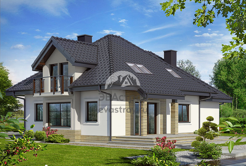 Проект дома 217 м2 с мансардой, гаражом, балконом и террасой - 102-97