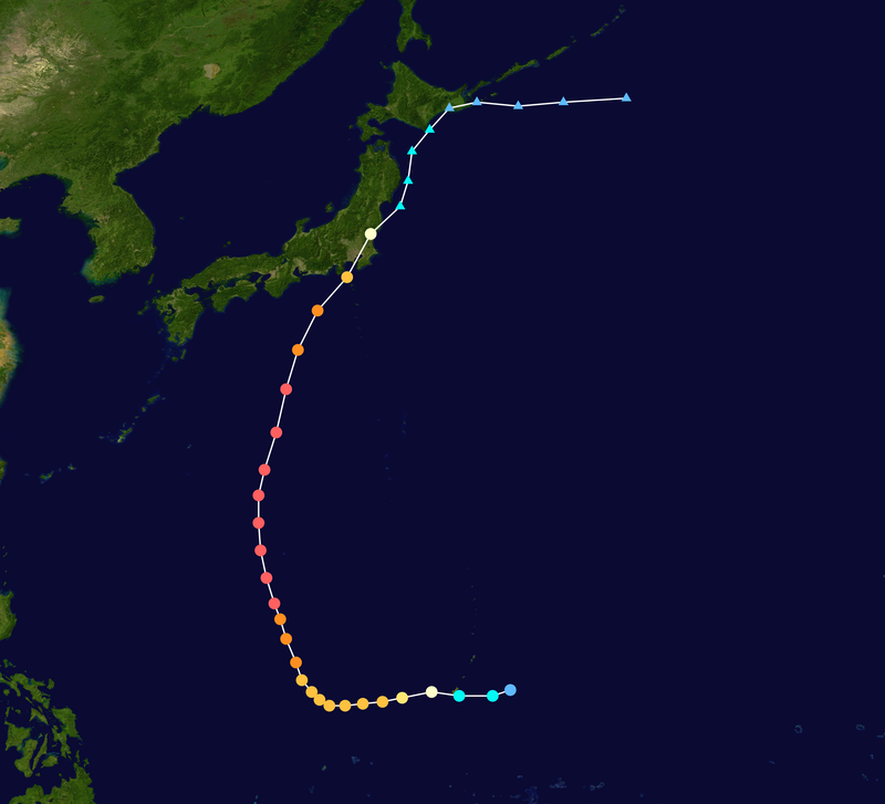 Траектория движения тайфуна Каногава в сентябре 1958 года (изображение в Википедии).