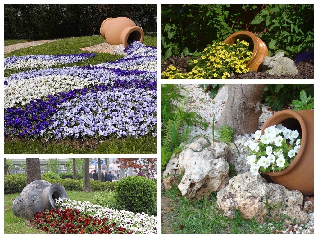 Опрокинутые горшки с петунией и анютиными глазками.