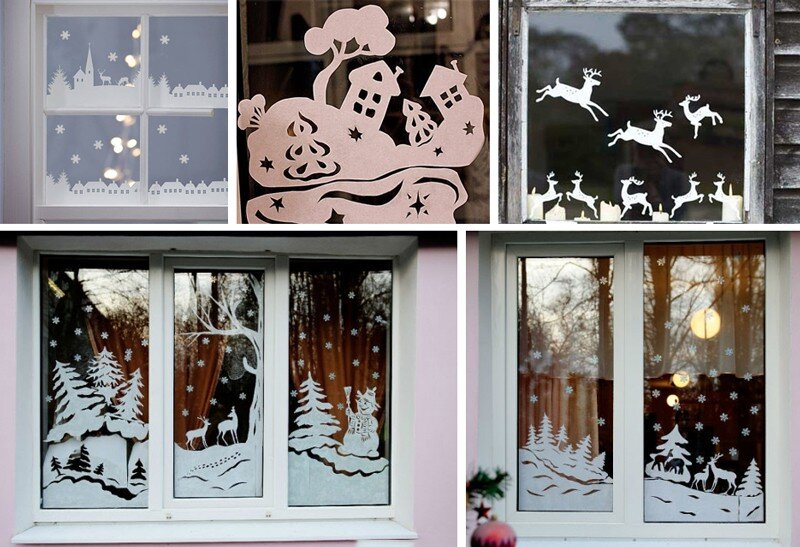Новогодние шаблоны и трафареты на окна: популярные техники декора и фото красивых композиций