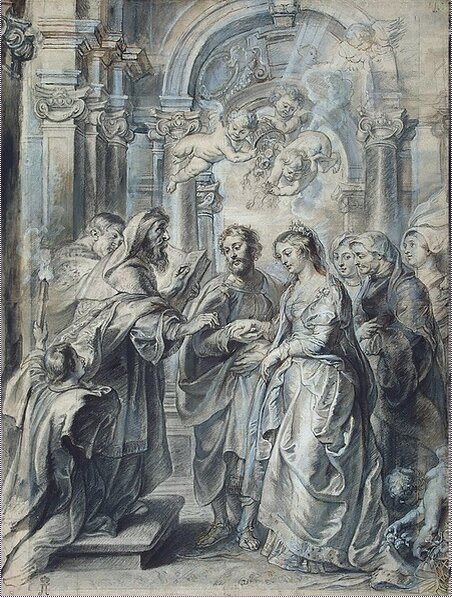 
Abraham van Diepenbeeck and Peter Paul Rubens. The marriage of the virgin, 1630s. Black chalk, brush and grey wash, white and brown wash, pen 57 x 43.5 cm.
