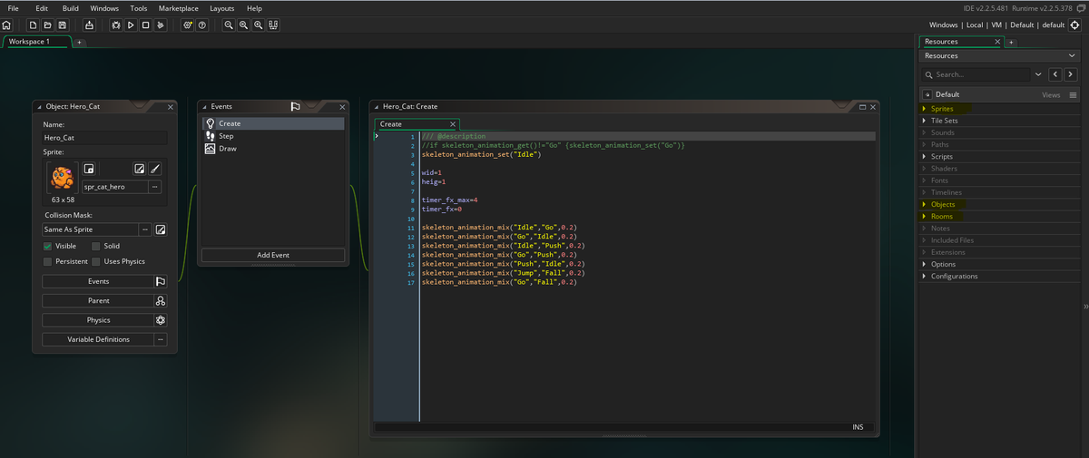 Рабочая область движка Game Maker Studio 2