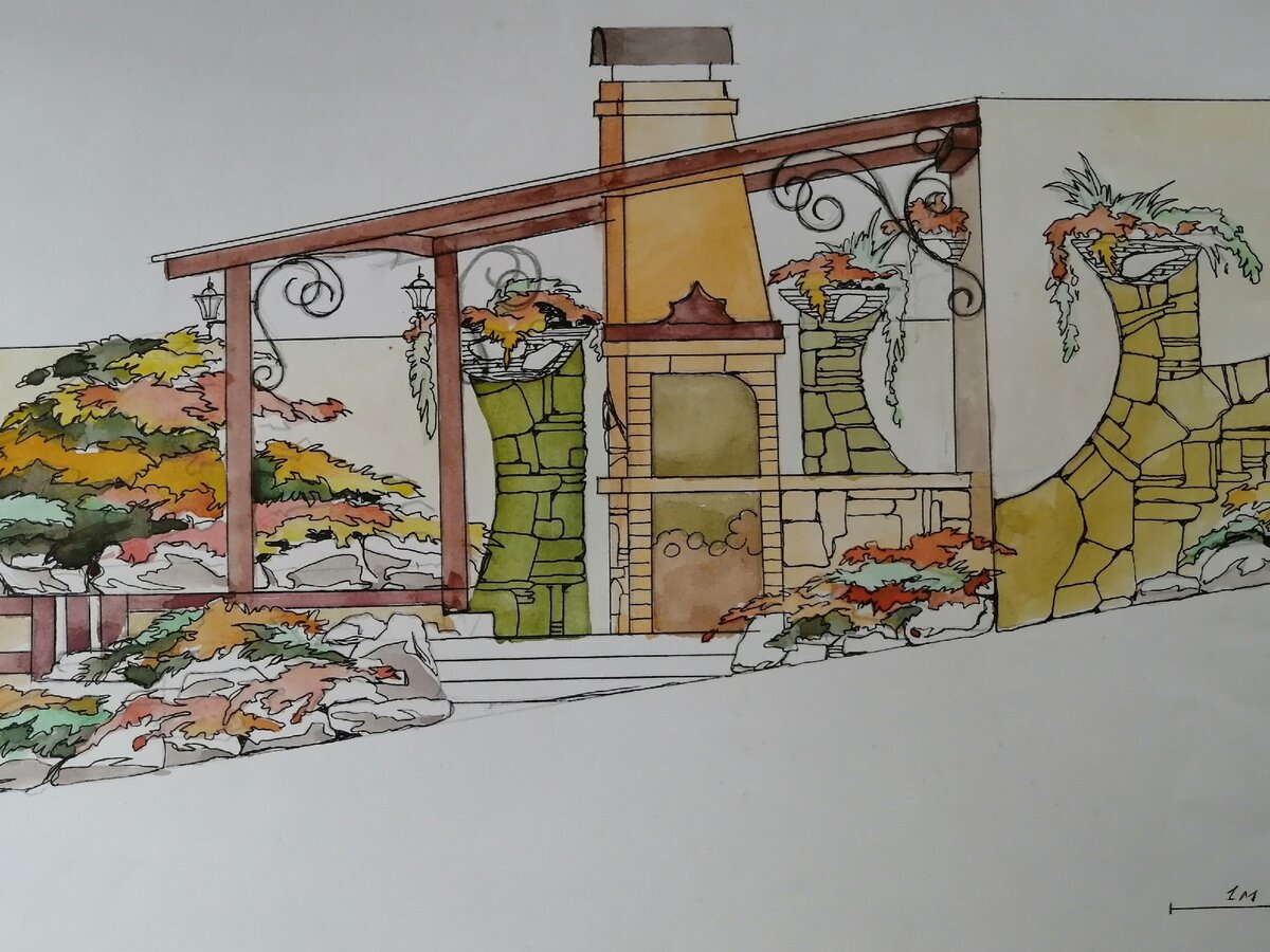 Фото автора. Эскиз мангала с навесом примыкающий к гаражу. Сделано с учетом крутого рельефа местности.