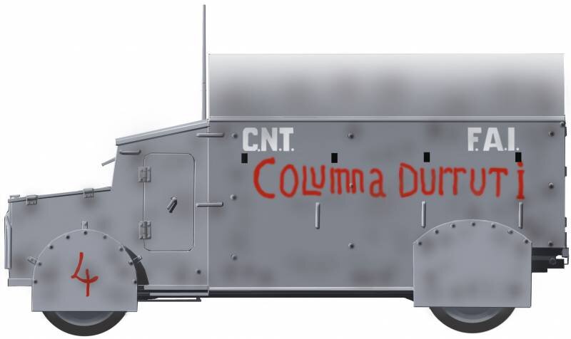 
Бронеавтомобиль «тизнаос», если так можно выразиться – «сарай на колесах». Видимо, построен был в Барселоне и принадлежал анархистам Дуррути