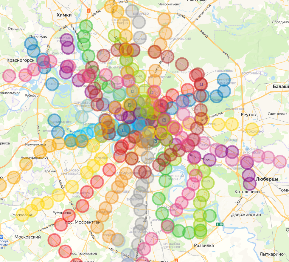 Пешеходная доступность станций метро в Москве на карте.