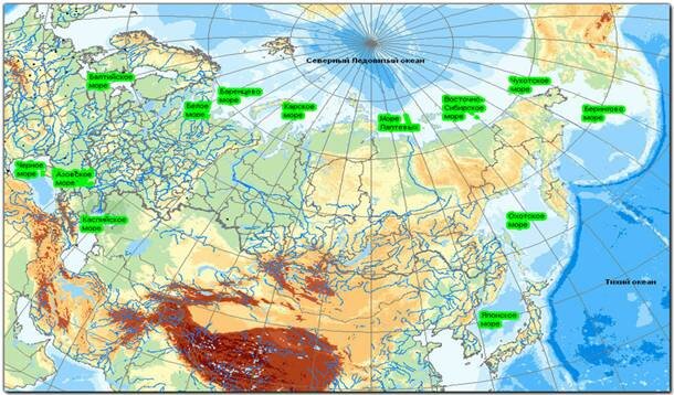 Какие моря России изображены на карте?