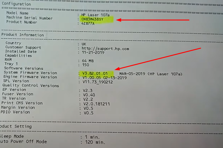 Вверху отображен серийный номер принтера (Machine Serial Number). Ниже видим версию прошивки (System Firmware Version)