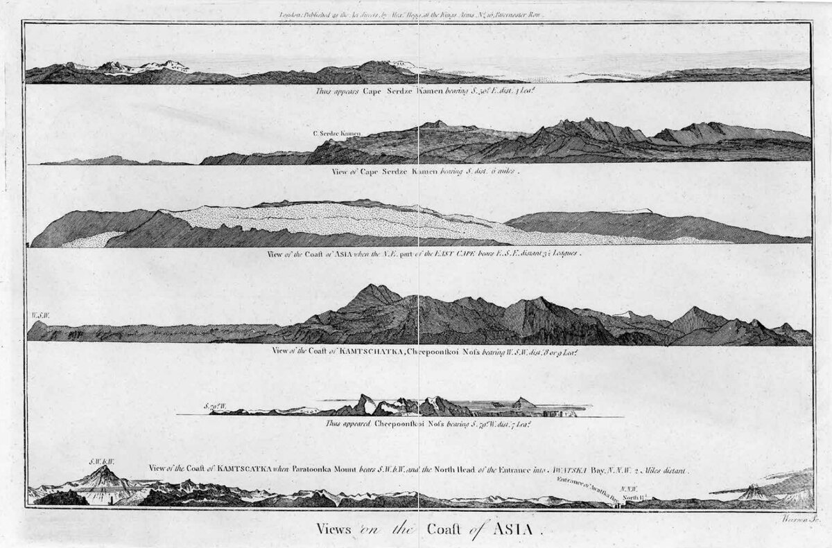 Мыс Сердце-Камень и виды северо-восточного побережья Сибири Гравюра на меди. 1784 г.