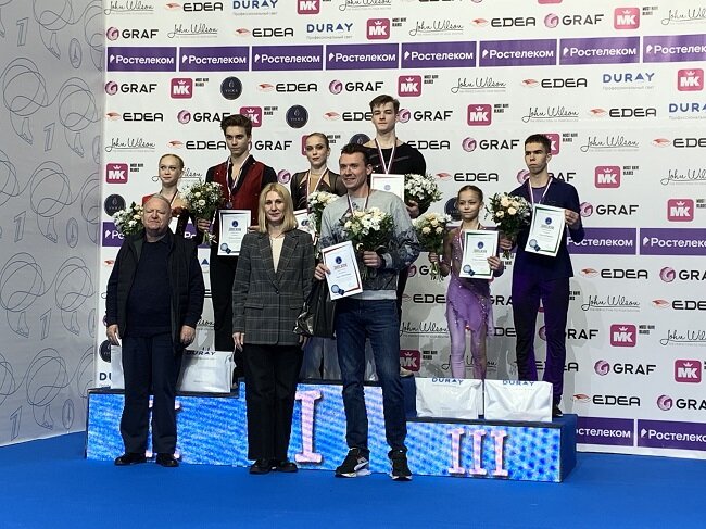   Пьедестал почёта в соревнованиях пар среди юниоров шестого этапа Гран-при России на две трети — пермский. Фото: Федерация фигурного катания на коньках России