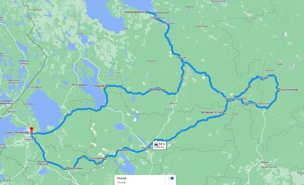 На карте наш маршрут. Основные точки: Санкт-Петербург –Подпорожье -  Вытегра – Пудож – Каргополь – Архангельск – Котлас – Сыктывкар – Великий Устюг – Вологда -- Устюжна – Боровичи - Окуловка – Санкт-Петербург