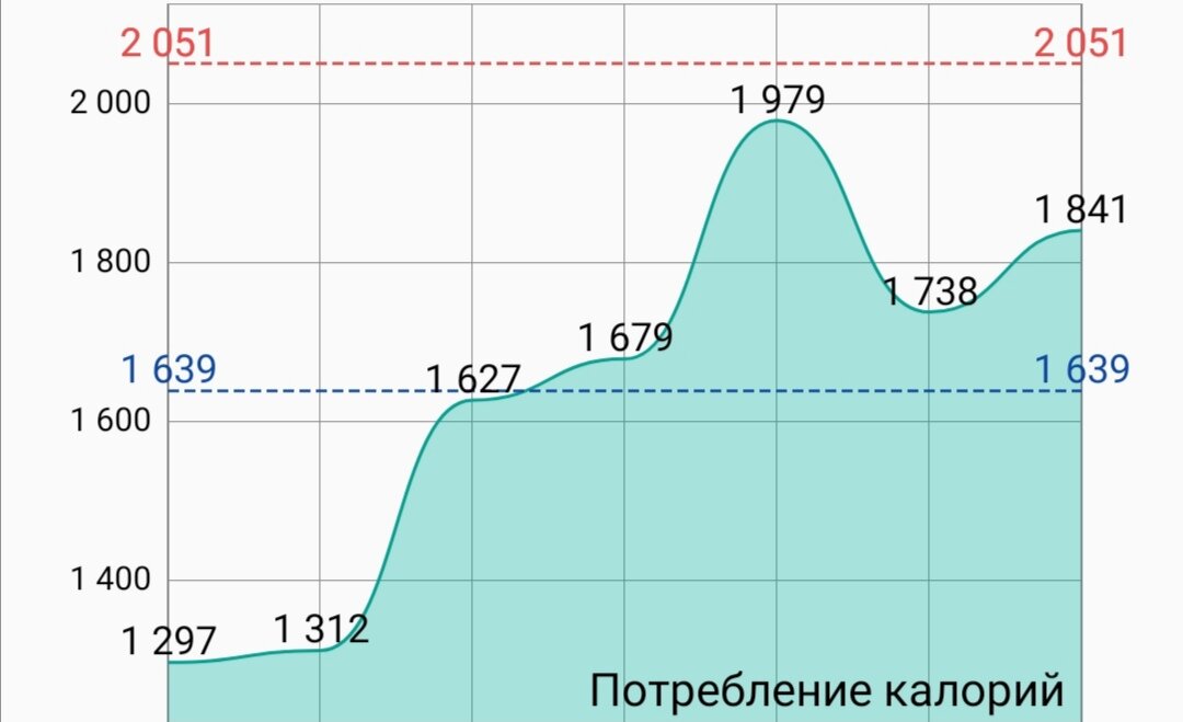 Первый день я считала калории для себя, второй день пропустила (его на графике нет), третий считала для врача. А следующие пять дней - это когда я должна была питаться на 2000 ккал. Красненькое - это сколько мне надо есть для поддержания веса. Синенькое - калорийность для похудения. 