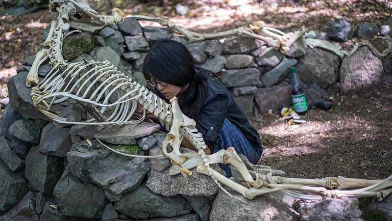 Художник Набуки Сугихара создает работу «Лунный корабль», 2018 год. Скелет фантастического существа собран из костей, рогов и ракушек. Корабль символизирует высушенный пейзаж, в который превращается Земля 
