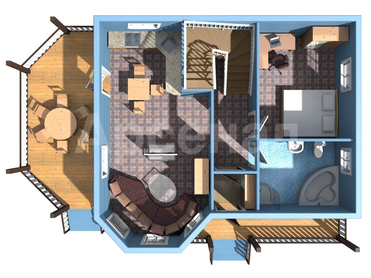 3 D  планировка даёт возможность представить мебель в существующем пространстве.(1 этаж)