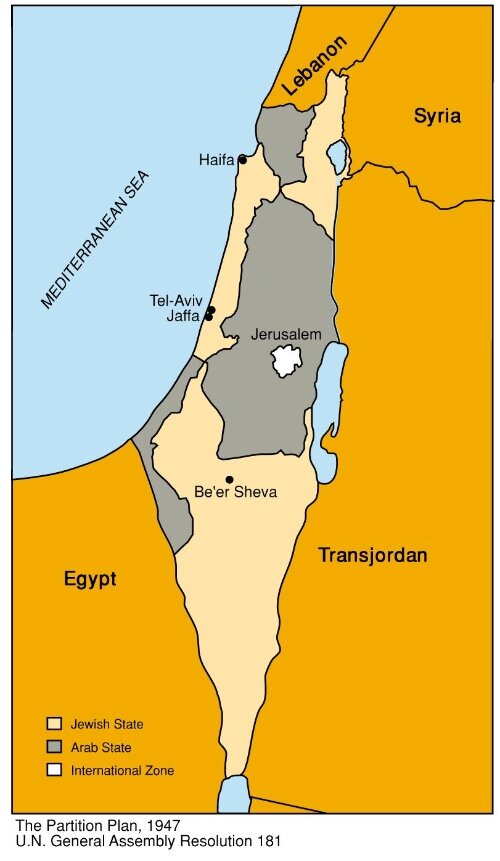 Серым - Палестина  Бежевым - Израиль. 1947 год