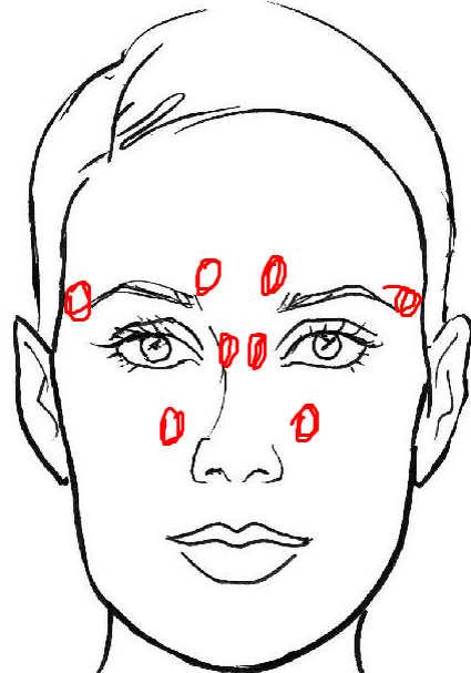 Гайморовы пазухи, 4-ре зоны (или 8 точек)