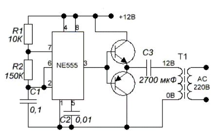 Схема преобразователя напряжения с 12В в 220В