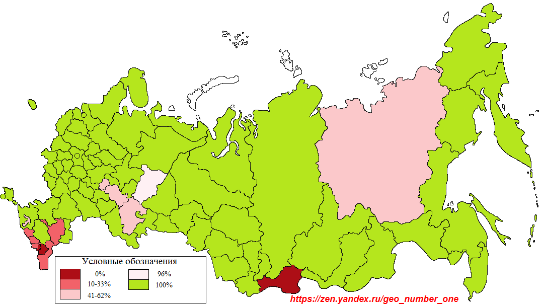 Удельный вес городов субъектов РФ, в которых русские по численности населения занимают первое место (%) 