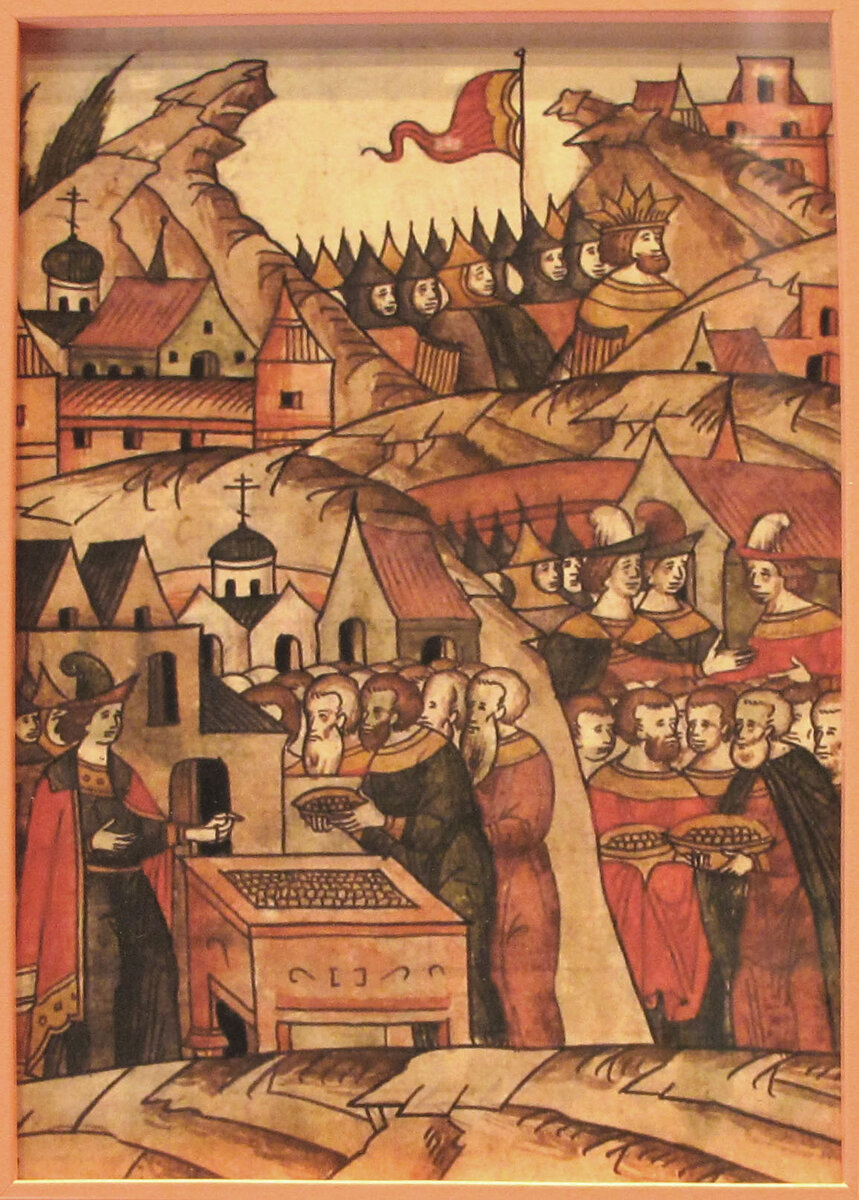 Иван Калита с сыновьями едут в Орду к хану Узбеку. Миниатюра Лицевого летописного Свода 60-70 гг. ХVI в.