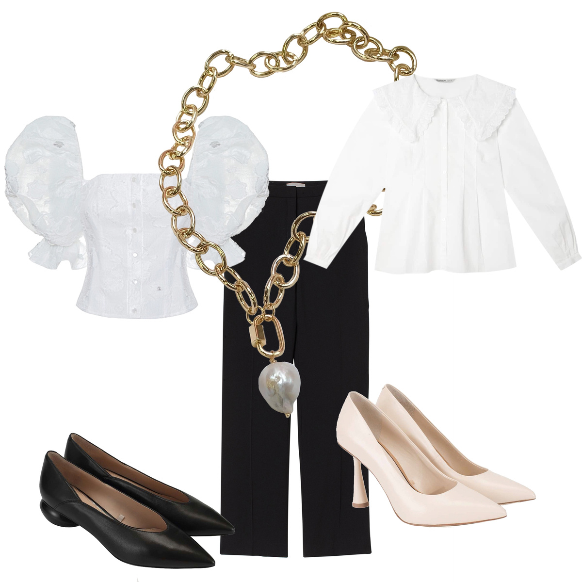 Корсет "Daisy white top", Abitu, 10500 руб. 
Рубашка с воротником Stradivarius, 1999 руб.
Костюмные брюки, H&M, 2299 руб.
Туфли бежевые "Alla Pugachova", Ekonika, 12990 руб.
Туфли черные "Alla Pugachova", Ekonika, 12990 руб.
Колье с массивной цепью и жемчугом, Viamore Moscow, 3400 руб.
