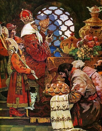 Жил старик со своею старухой
У самого синего моря
Они жили в ветхой землянке
Ровно тридцать лет и три года.
Старик ловил неводом рыбу,
Старуха пряла свою пряжу.



Раз он в море закинул невод, —
Пришел невод с одною тиной.
Он в другой раз закинул невод,
Пришел невод с травой морскою.
В третий раз закинул он невод, —
Пришел невод с одною рыбкой,
С непростою рыбкой, — золотою.



Как взмолится золотая рыбка!
Голосом молвит человечьим:
«Отпусти ты, старче, меня в море,
Дорогой за себя дам откуп:
Откуплюсь чем только пожелаешь.»
Удивился старик, испугался:
Он рыбачил тридцать лет и три года
И не слыхивал, чтоб рыба говорила.

Отпустил он рыбку золотую
И сказал ей ласковое слово:
«Бог с тобою, золотая рыбка!
Твоего мне откупа не надо;

Ступай себе в синее море,
Гуляй там себе на просторе».

Воротился старик ко старухе,
Рассказал ей великое чудо.
«Я сегодня поймал было рыбку,
Золотую рыбку, не простую;
По-нашему говорила рыбка,
Домой в море синее просилась,
Дорогою ценою откупалась:
Откупалась чем только пожелаю.
Не посмел я взять с нее выкуп;
Так пустил ее в синее море».
Старика старуха забранила:
«Дурачина ты, простофиля!
Не умел ты взять выкупа с рыбки!
Хоть бы взял ты с нее корыто,
Наше-то совсем раскололось».



Вот пошел он к синему морю;
Видит, — море слегка разыгралось.
Стал он кликать золотую рыбку,
Приплыла к нему рыбка и спросила:
«Чего тебе надобно, старче?»

Ей с поклоном старик отвечает:
«Смилуйся, государыня рыбка,
Разбранила меня моя старуха,
Не дает старику мне покою:
Надобно ей новое корыто;
Наше-то совсем раскололось».
Отвечает золотая рыбка:
«Не печалься, ступай себе с богом,
Будет вам новое корыто».
Воротился старик ко старухе,
У старухи новое корыто.
Еще пуще старуха бранится:
«Дурачина ты, простофиля!
Выпросил, дурачина, корыто!
В корыте много ль корысти?
Воротись, дурачина, ты к рыбке;
Поклонись ей, выпроси уж избу».



Вот пошел он к синему морю,
(Помутилося синее море.)
Стал он кликать золотую рыбку,
Приплыла к нему рыбка, спросила:
«Чего тебе надобно, старче?»
Ей старик с поклоном отвечает:
«Смилуйся, государыня рыбка!
Еще пуще старуха бранится,
Не дает старику мне покою:
Избу просит сварливая баба».
Отвечает золотая рыбка:
«Не печалься, ступай себе с богом,
Так и быть: изба вам уж будет».
Пошел он ко своей землянке,
А землянки нет уж и следа;
Перед ним изба со светелкой,
С кирпичною, беленою трубою,
С дубовыми, тесовыми вороты.

Старуха сидит под окошком,
На чем свет стоит мужа ругает.
«Дурачина ты, прямой простофиля!
Выпросил, простофиля, избу!
Воротись, поклонися рыбке:
Не хочу быть черной крестьянкой,
Хочу быть столбовою дворянкой».



Пошел старик к синему морю;
(Не спокойно синее море.)
Стал он кликать золотую рыбку.
Приплыла к нему рыбка, спросила:
«Чего тебе надобно, старче?»
Ей с поклоном старик отвечает:
«Смилуйся, государыня рыбка!
Пуще прежнего старуха вздурилась,
Не дает старику мне покою:
Уж не хочет быть она крестьянкой,
Хочет быть столбовою дворянкой».
Отвечает золотая рыбка:
«Не печалься, ступай себе с богом».

Воротился старик ко старухе.
Что ж он видит? Высокий терем.
На крыльце стоит его старуха
В дорогой собольей душегрейке,
Парчовая на маковке кичка,
Жемчуги огрузили шею,
На руках золотые перстни,
На ногах красные сапожки.
Перед нею усердные слуги;

Она бьет их, за чупрун таскает.



Говорит старик своей старухе:
«Здравствуй, барыня сударыня дворянка!
Чай, теперь твоя душенька довольна».
На него прикрикнула старуха,
На конюшне служить его послала.

Вот неделя, другая проходит,
Еще пуще старуха вздурилась:
Опять к рыбке старика посылает.
«Воротись, поклонися рыбке:
Не хочу быть столбовою дворянкой,
А хочу быть вольною царицей».
Испугался старик, взмолился:
«Что ты, баба, белены объелась?
Ни ступить, ни молвить не умеешь,
Насмешишь ты целое царство».
Осердилася пуще старуха,
По щеке ударила мужа.
«Как ты смеешь, мужик, спорить со мною,
Со мною, дворянкой столбовою? —
Ступай к морю, говорят тебе честью,
Не пойдешь, поведут поневоле».

Старичок отправился к морю,
(Почернело синее море.)
Стал он кликать золотую рыбку.
Приплыла к нему рыбка, спросила:
«Чего тебе надобно, старче?»
Ей с поклоном старик отвечает:
«Смилуйся, государыня рыбка!
Опять моя старуха бунтует:

Уж не хочет быть она дворянкой,
Хочет быть вольною царицей».
Отвечает золотая рыбка:
«Не печалься, ступай себе с богом!
Добро! будет старуха царицей!»

Старичок к старухе воротился.
Что ж? пред ним царские палаты.
В палатах видит свою старуху,
За столом сидит она царицей,
Служат ей бояре да дворяне,
Наливают ей заморские вины;
Заедает она пряником печатным;
Вкруг ее стоит грозная стража,
На плечах топорики держат.



Как увидел старик, — испугался!
В ноги он старухе поклонился,

Молвил: «Здравствуй, грозная царица!
Ну, теперь твоя душенька довольна».
На него старуха не взглянула,
Лишь с очей прогнать его велела.
Подбежали бояре и дворяне,
Старика взашеи затолкали.
А в дверях-то стража подбежала,
Топорами чуть не изрубила.

Не садися не в свои сани!»

Вот неделя, другая проходит,
Еще пуще старуха вздурилась:
Царедворцев за мужем посылает,
Отыскали старика, привели к ней.
Говорит старику старуха:
«Воротись, поклонися рыбке.
Не хочу быть вольною царицей,
Хочу быть владычицей морскою,
Чтобы жить мне в Окияне-море,
Чтоб служила мне рыбка золотая
И была б у меня на посылках».

Старик не осмелился перечить,
Не дерзнул поперек слова молвить.
Вот идет он к синему морю,
Видит, на море черная буря:
Так и вздулись сердитые волны,
Так и ходят, так воем и воют.
Стал он кликать золотую рыбку.
Приплыла к нему рыбка, спросила:
«Чего тебе надобно, старче?»
Ей старик с поклоном отвечает:

«Смилуйся, государыня рыбка!
Что мне делать с проклятою бабой?
Уж не хочет быть она царицей,
Хочет быть владычицей морскою;
Чтобы жить ей в Окияне-море,
Чтобы ты сама ей служила
И была бы у ней на посылках».
Ничего не сказала рыбка,
Лишь хвостом по воде плеснула
И ушла в глубокое море.
Долго у моря ждал он ответа,
Не дождался, к старухе воротился —
Глядь: опять перед ним землянка;
На пороге сидит его старуха,
А пред нею разбитое корыто.