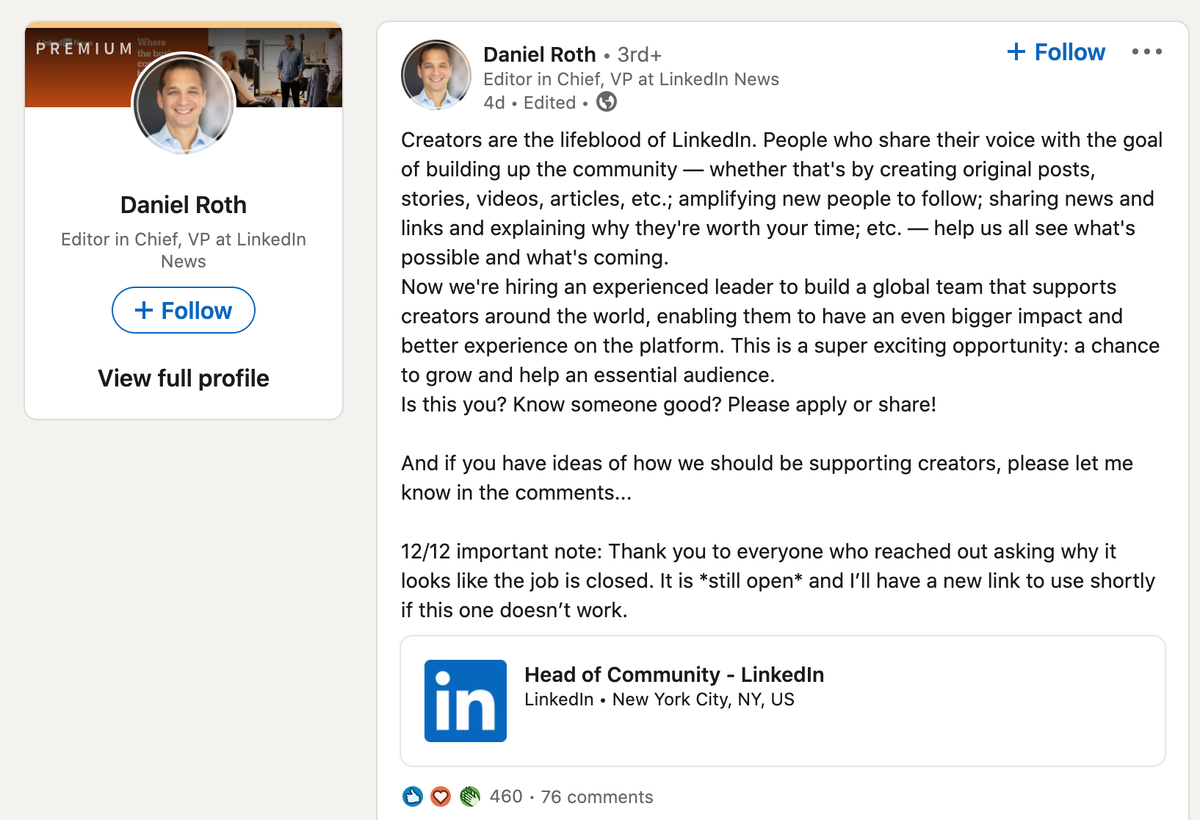 Пост главы LinkedIn
