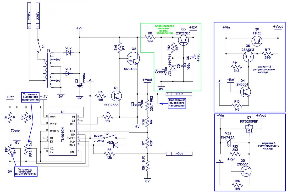 Схема ЛИП, показанная на рис.2 предназначена для работы с повышенными значениями входных напряжений (+40В...+100В) и избыточными значениями мощности на РЭ. Схема так же, как и предыдущая имеет узел токового ограничения / отсечки и способна работать с любыми входными напряжениями, величина которых будет ограничена лишь предельными параметрами примененных в схеме компонентов. Отличительная особенность данной схемы, - применение в качестве схемы управления микросхемы TL494 (U1), вернее, - ее "аналоговой" половинки, содержащей пару идентичных ОУ, встроенный стабилизатор напряжения, обеспечивающий работу микросхемы в диапазоне напряжений +7В...+40В и пригодный для использования в качестве источника опорного напряжения (ИОН), - что уже является достаточным условием для конструирования несложного ЛИП на базе TL494.
Рис.2 Схема ЛИП на TL494